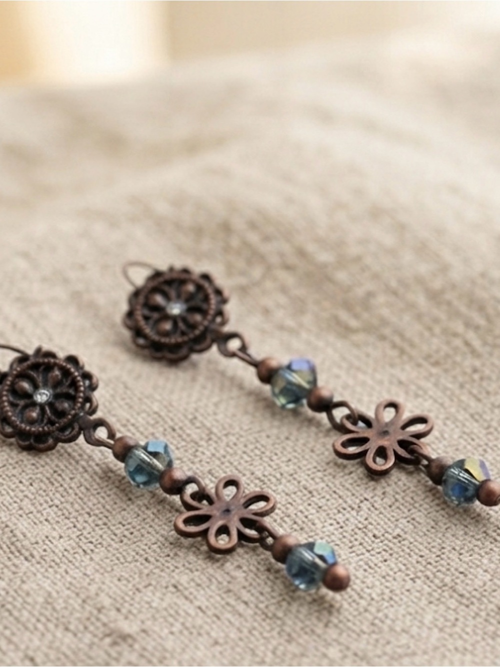Elegant Bronze and Blue Crystal Flower Earrings